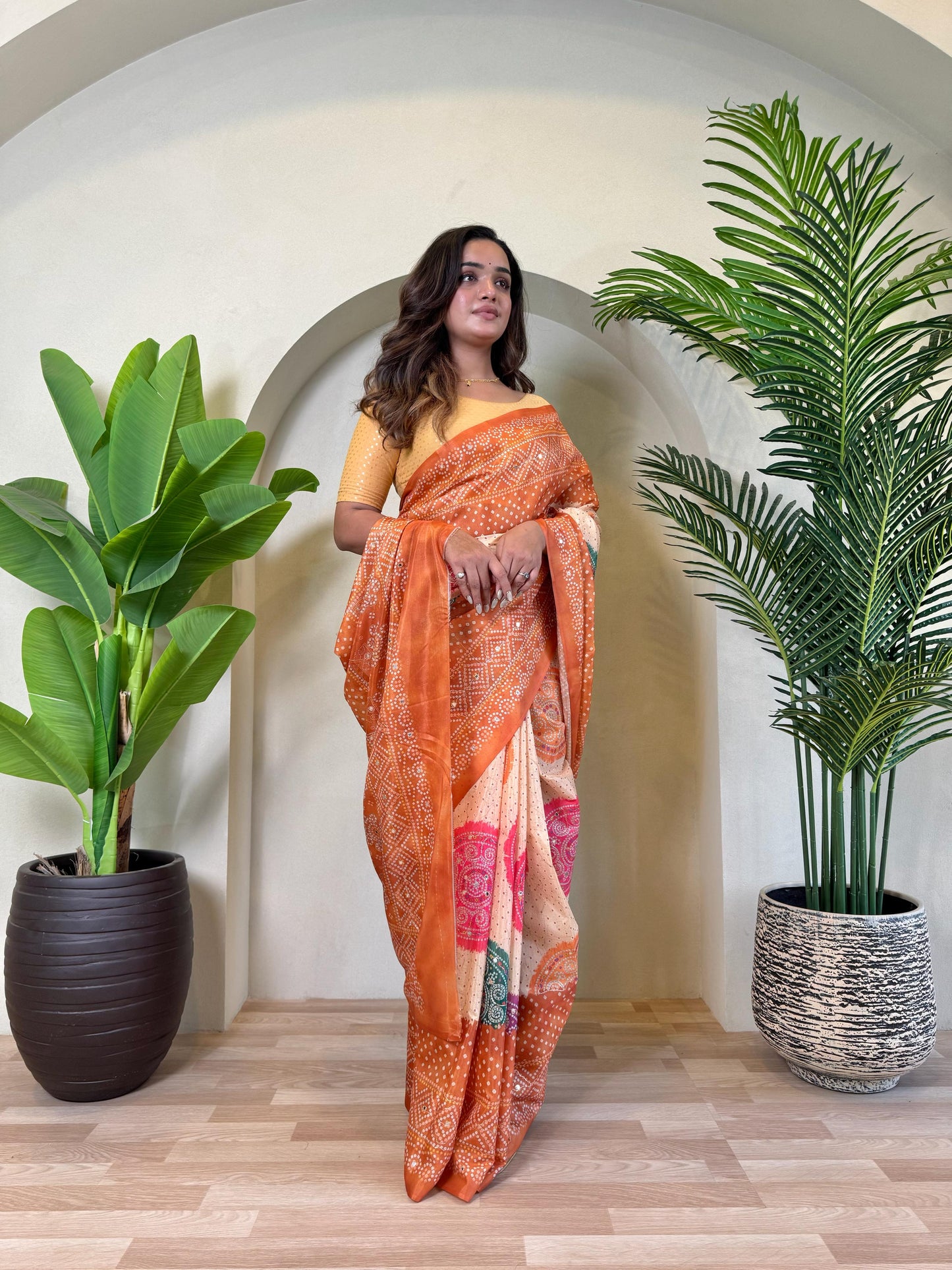 Multi Design Bandhani Print Orange Color Exclusive Saree