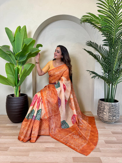 Multi Design Bandhani Print Orange Color Exclusive Saree