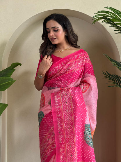 Multi Design Bandhani Print Pink Color Exclusive Saree