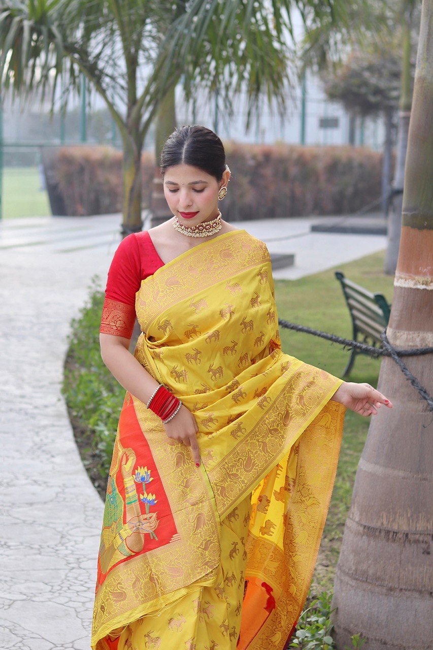 Wedding Wear Yellow Kanchipuram Soft Silk Saree