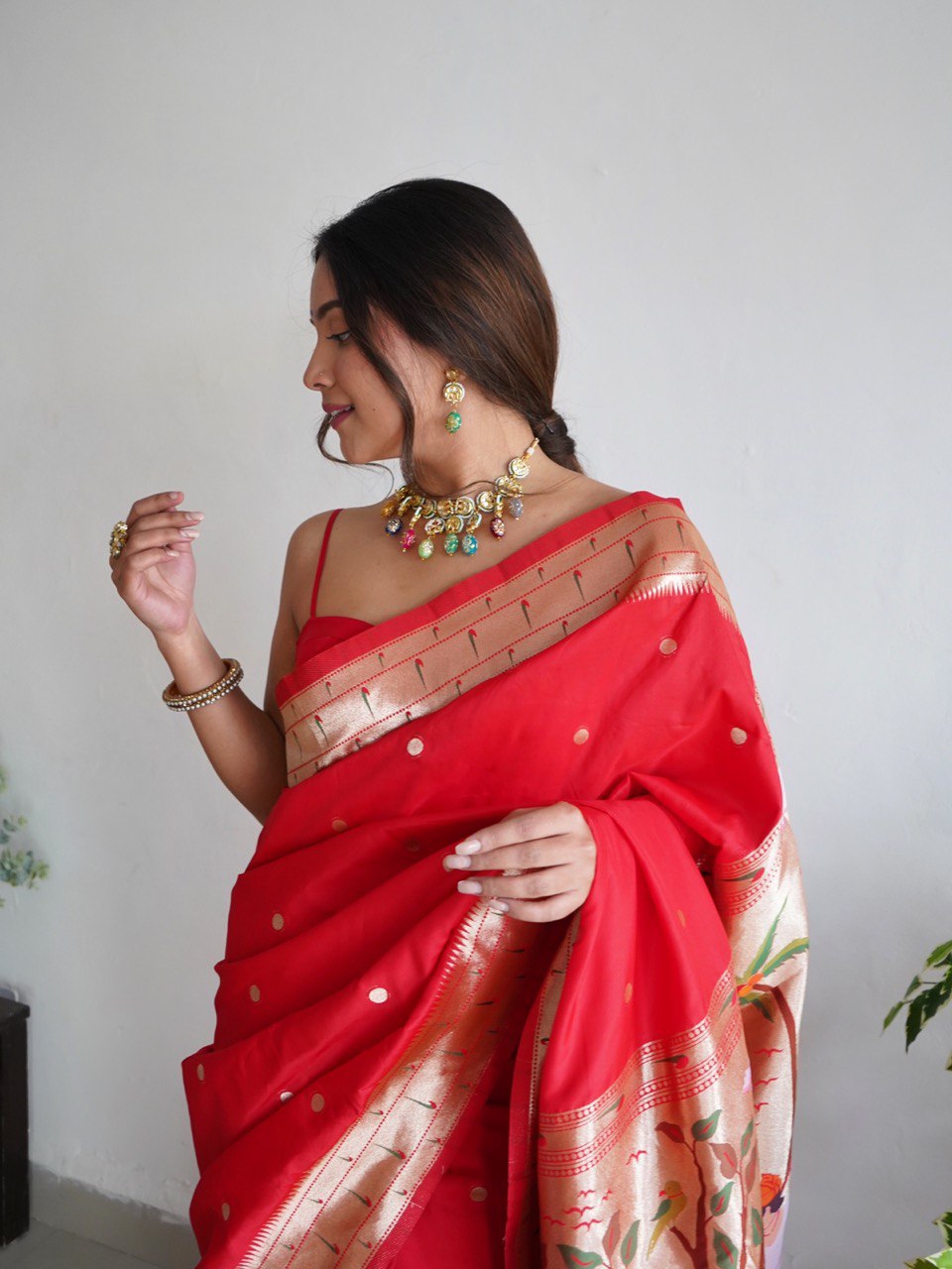 Red Zari Woven Design Paithani Silk Blend Saree