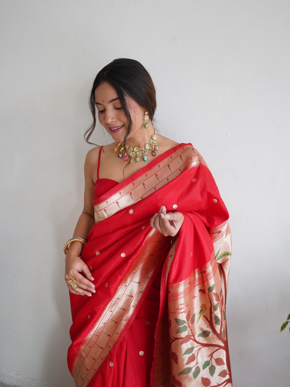 Red Zari Woven Design Paithani Silk Blend Saree