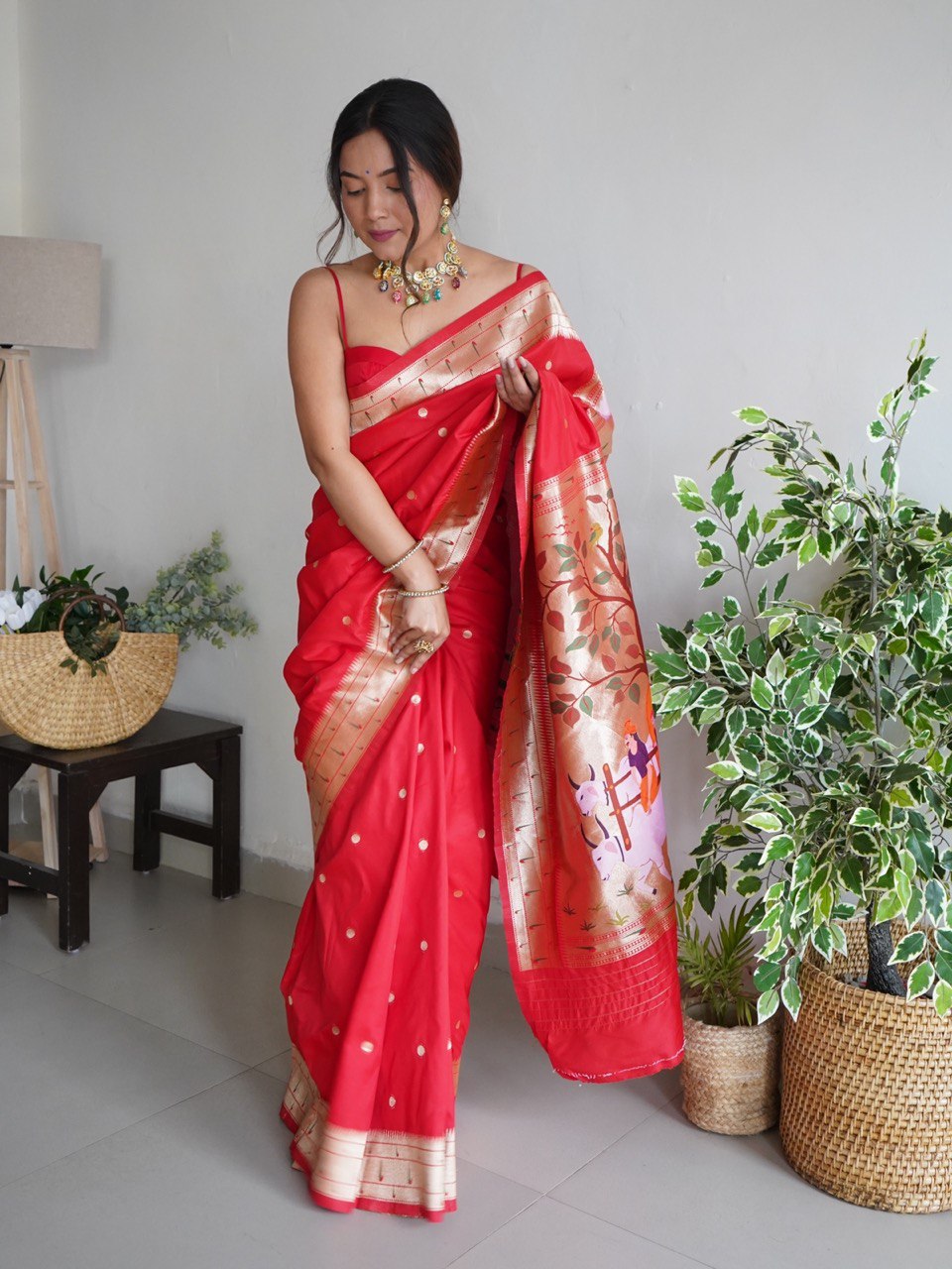 Red Zari Woven Design Paithani Silk Blend Saree