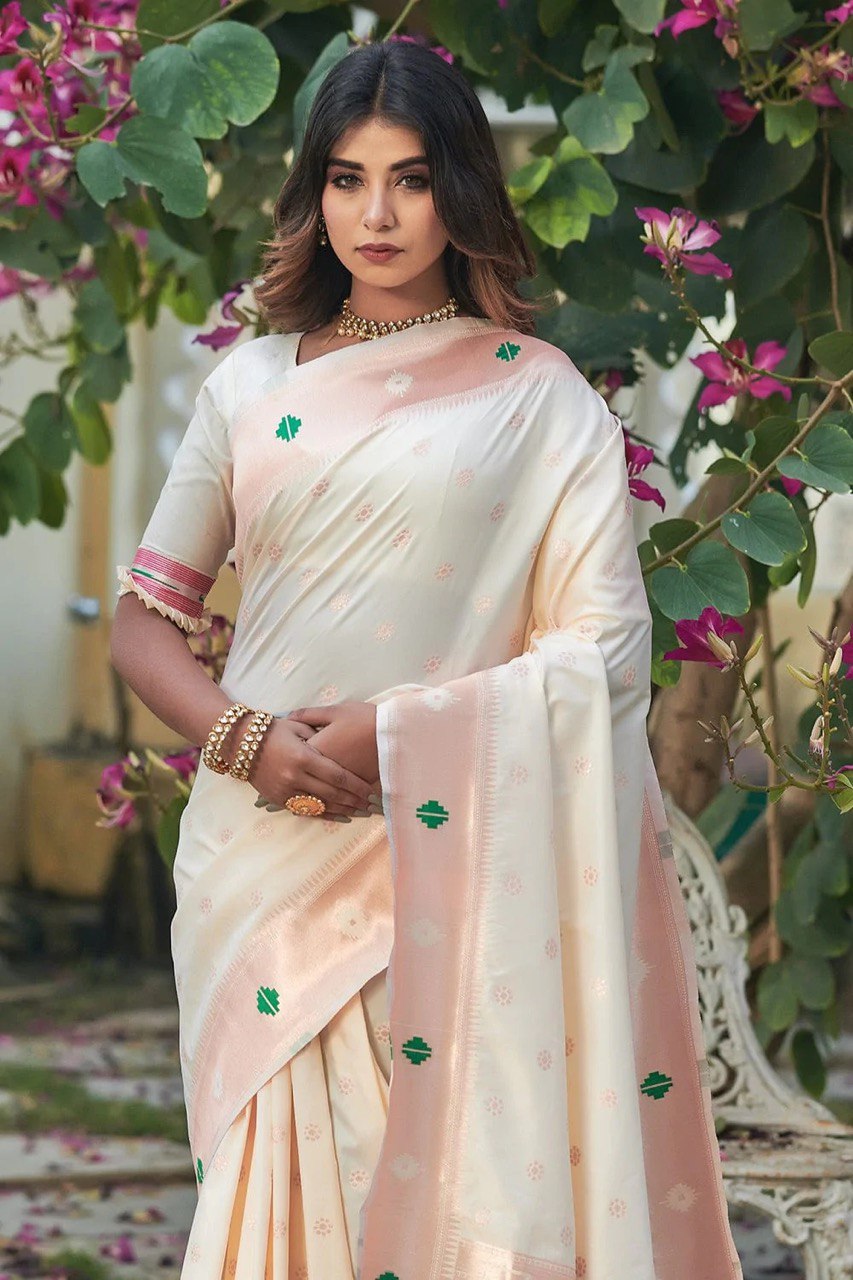Rose White Woven Design Paithani Pure Silk Saree with Zari Border