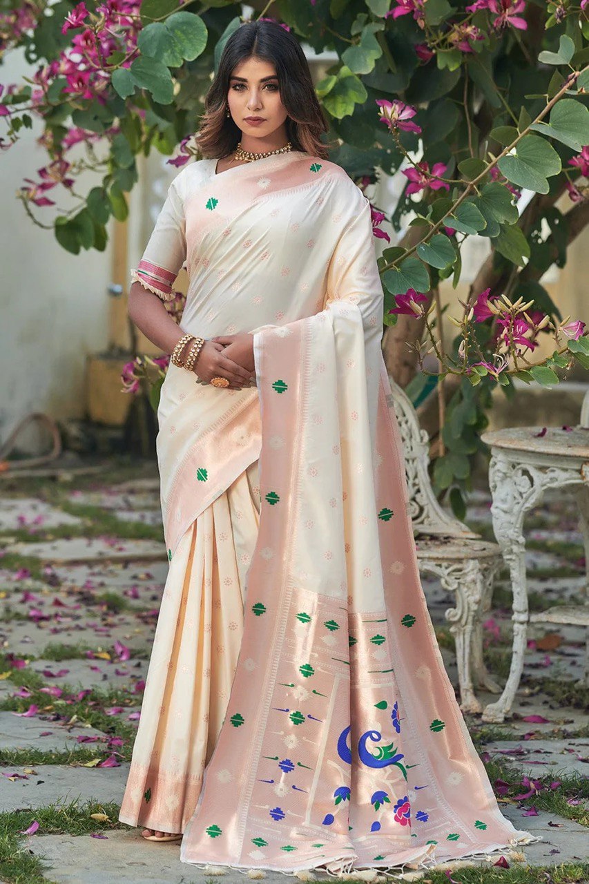 Rose White Woven Design Paithani Pure Silk Saree with Zari Border