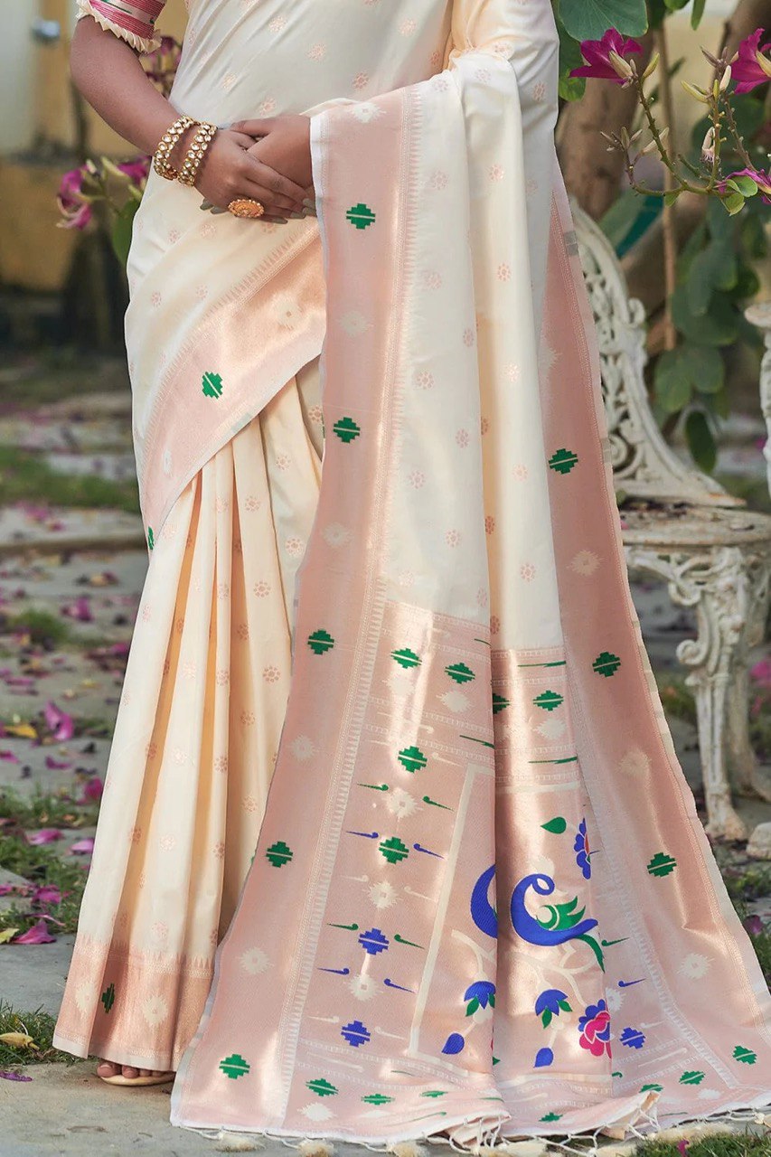 Rose White Woven Design Paithani Pure Silk Saree with Zari Border