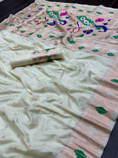 Rose White Woven Design Paithani Pure Silk Saree with Zari Border