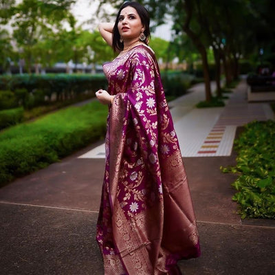 Attractive Wine Floral Printed Banarasi Soft Silk Saree