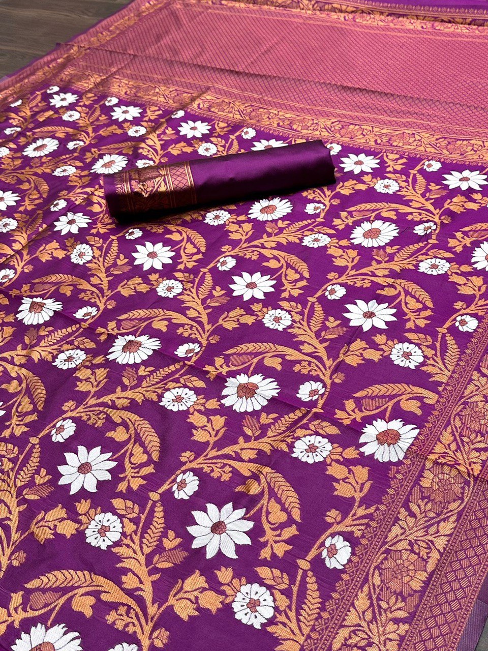 Attractive Wine Floral Printed Banarasi Soft Silk Saree