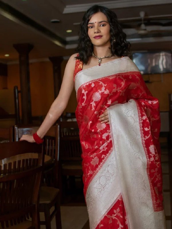 Red Semi Silk Saree with Zari Weaving Work