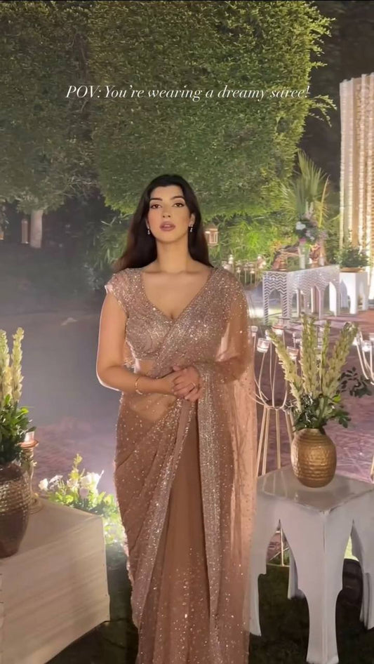 Outstanding Soft Net Beige Color Sequence Work Saree