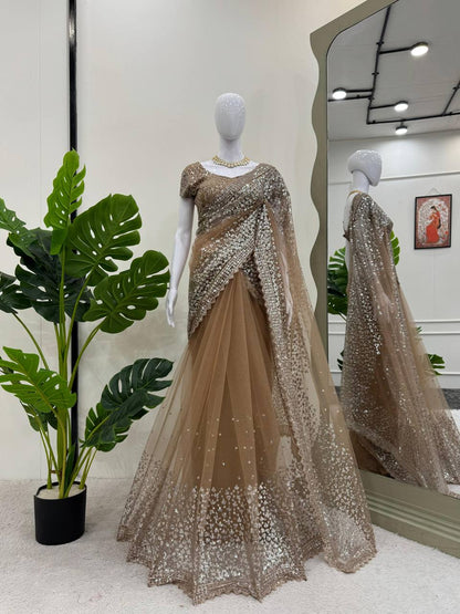 Outstanding Soft Net Beige Color Sequence Work Saree