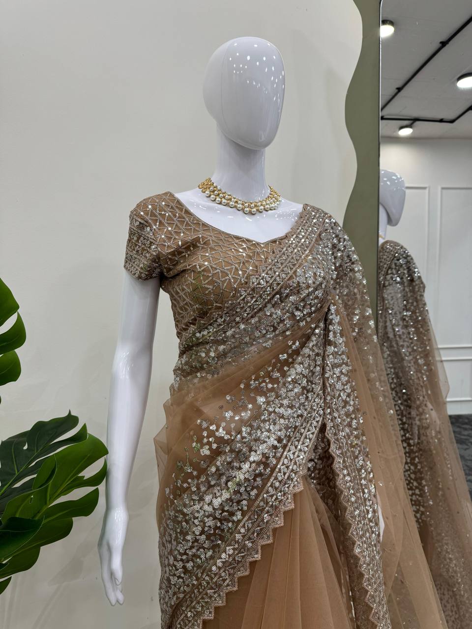 Outstanding Soft Net Beige Color Sequence Work Saree