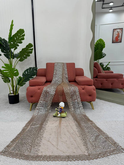 Outstanding Soft Net Beige Color Sequence Work Saree