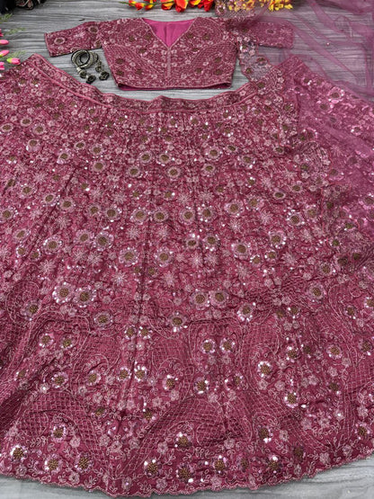 Fabulous Chinon Silk Embroidery Pink Color Lehenga Choli