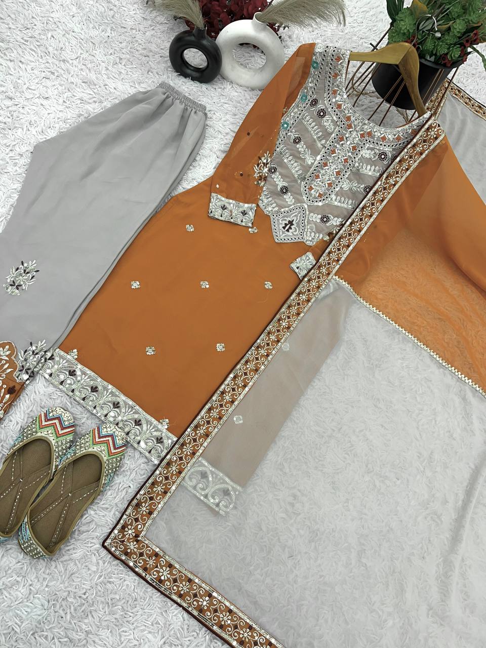 Imposing Georgette Sequence Work Orange Color Salwar Suit