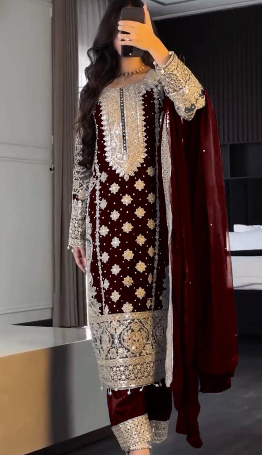 Fancy Maroon Color Georgette Revet Moti Salwar Suit