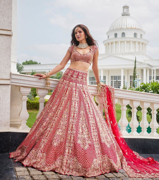 Exotic Malai Satin Jari Work Bridal Red Color Lehenga Choli