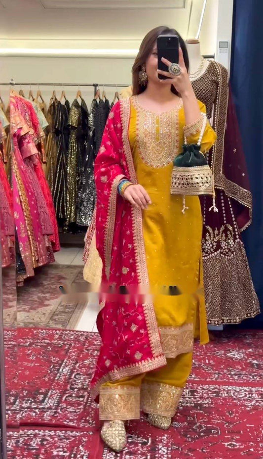Delightful Ravet Moti Work Yellow Color Salwar Suit
