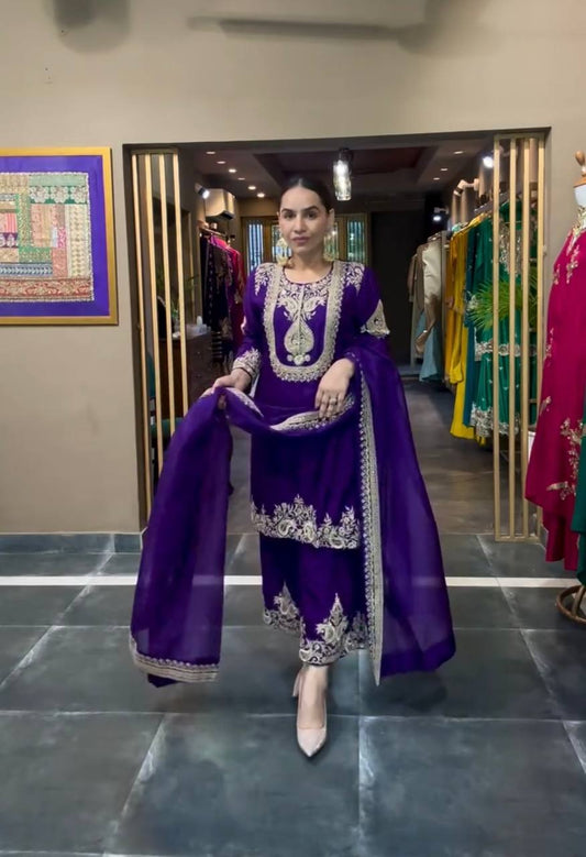 Luxuriant Chinnon Sequence Work Purple Color Salwar Suit