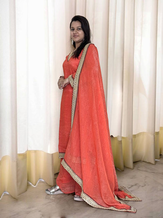 Outstanding Soft Gold Crush Silk Orange Color Palazo Suit