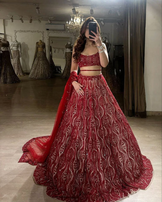 Heavy Thread Work Wedding Wear Red Color Lehenga Choli
