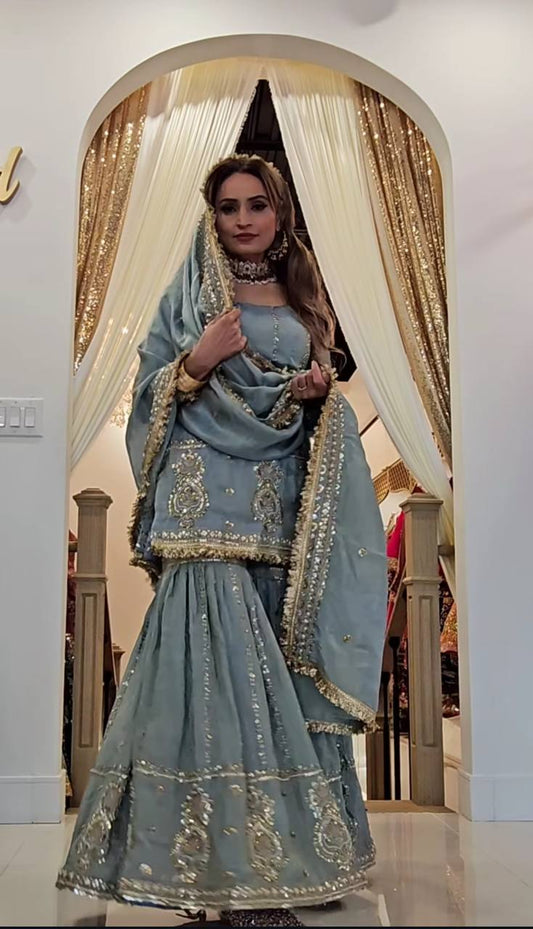 Occasion Wear Embroidery Work Teal Blue Color Sharara Suit