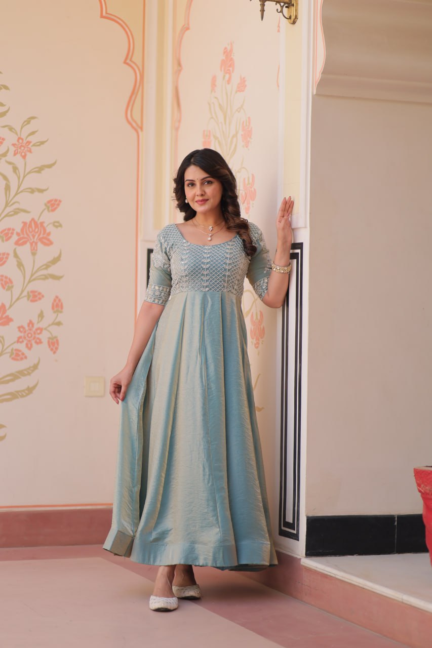 Exclusive Embroidered Work Rama Color Gown