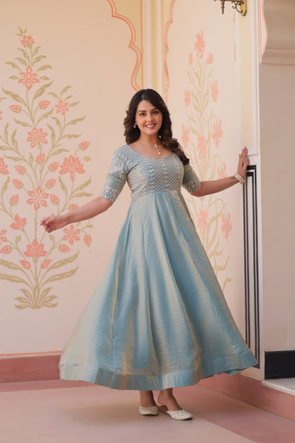 Exclusive Embroidered Work Rama Color Gown