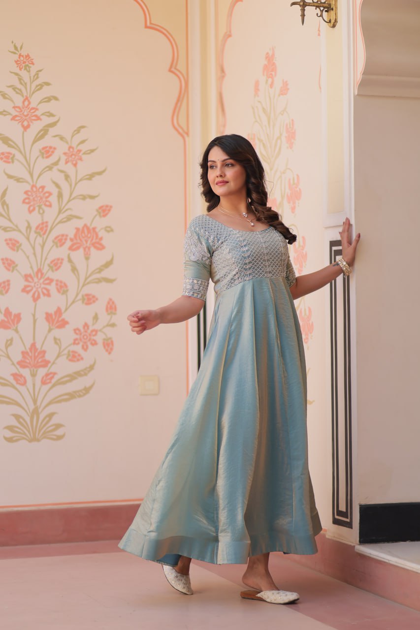 Exclusive Embroidered Work Rama Color Gown