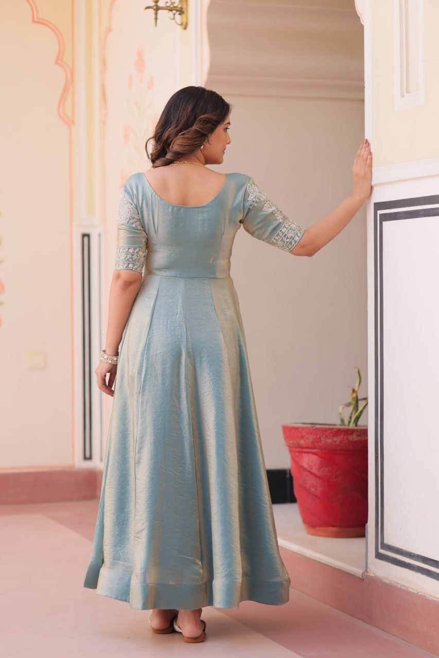 Exclusive Embroidered Work Rama Color Gown