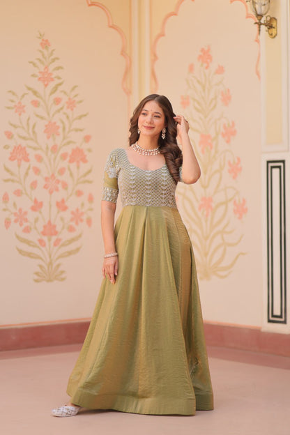 Exclusive Embroidered Work Mehndi Color Gown