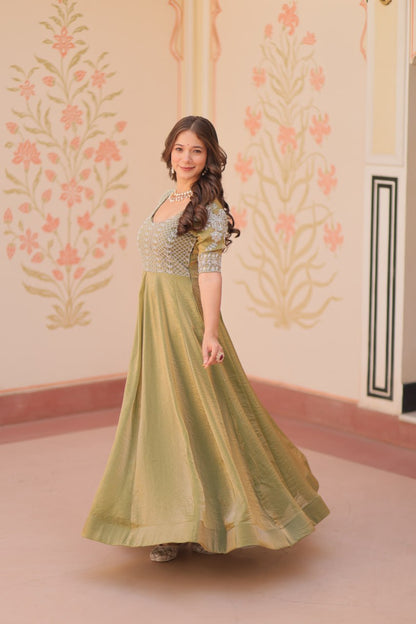 Exclusive Embroidered Work Mehndi Color Gown