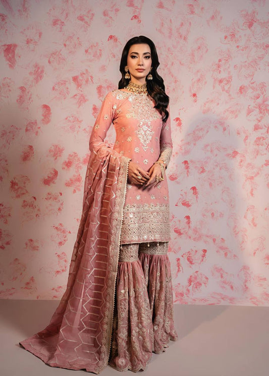 Wedding Wear Embroidery Work Peach Color Sharara Suit