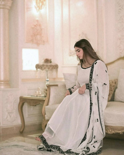 Preferable Embroidery Work White Color Anarkali Gown