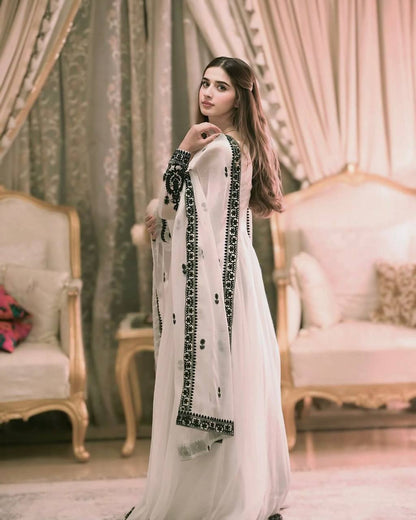Preferable Embroidery Work White Color Anarkali Gown