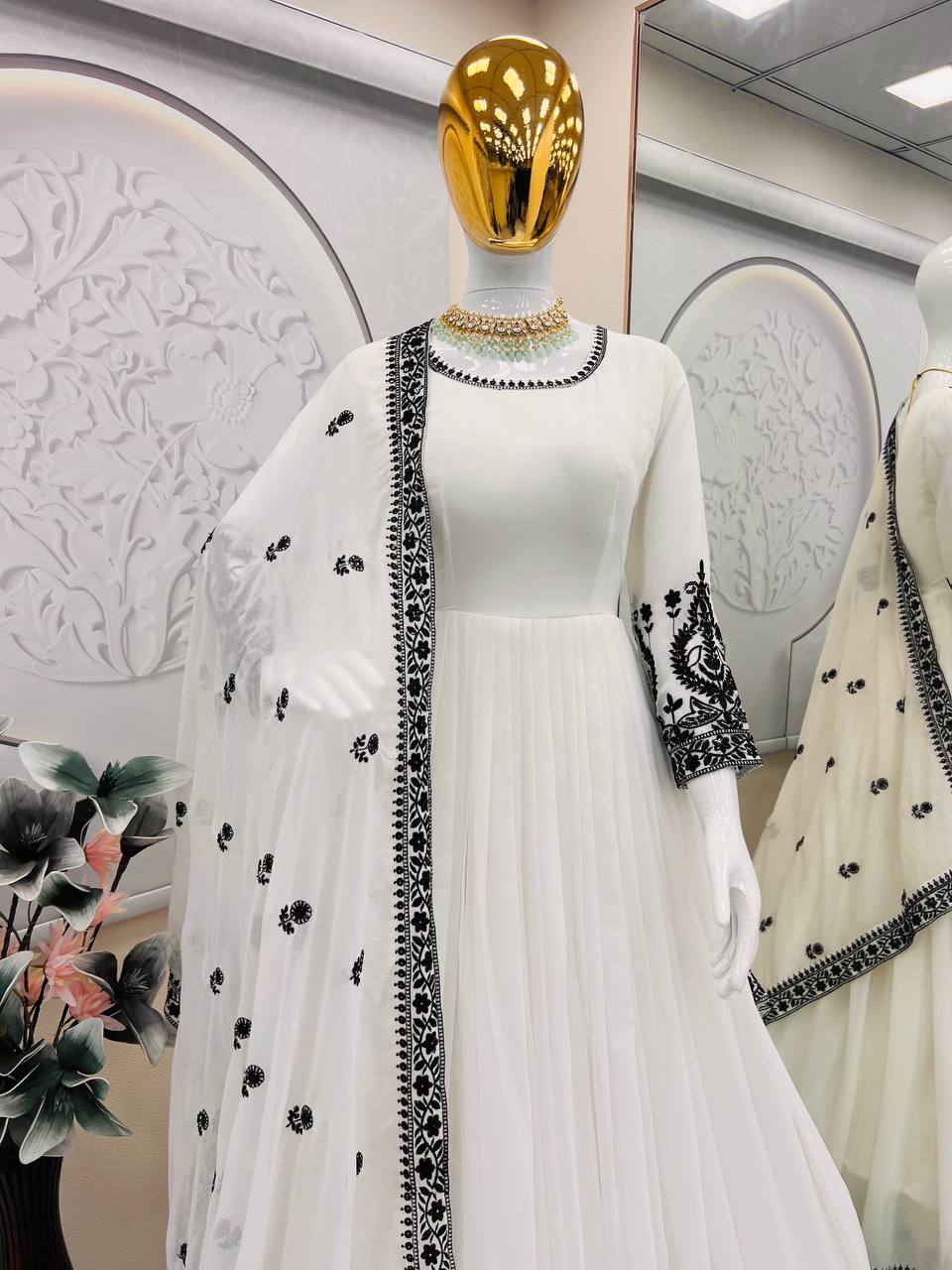 Preferable Embroidery Work White Color Anarkali Gown