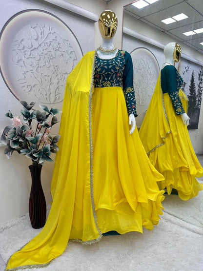 Occasion Wear Embroidery Work Yellow Color Anarkali Gown