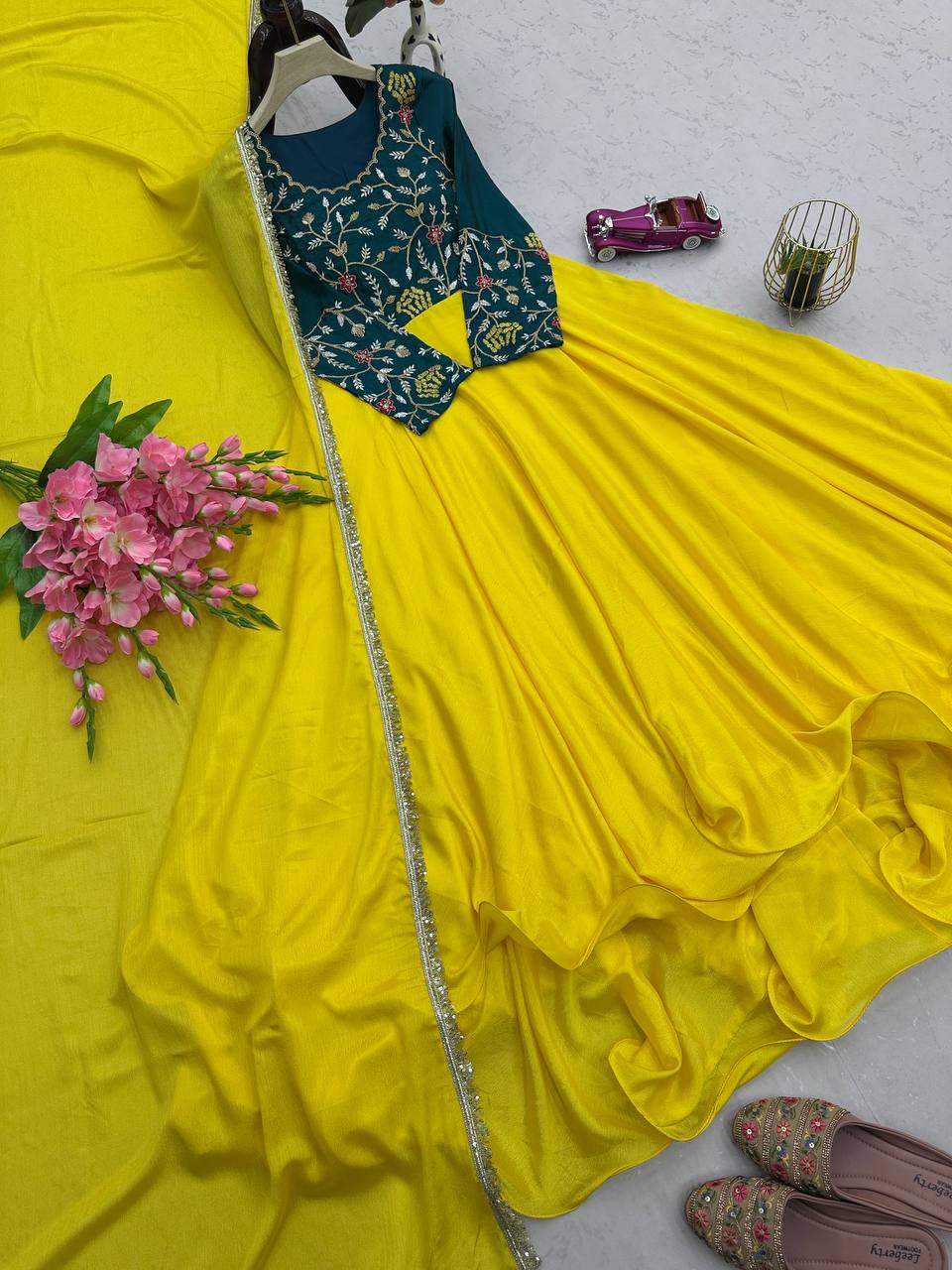 Occasion Wear Embroidery Work Yellow Color Anarkali Gown