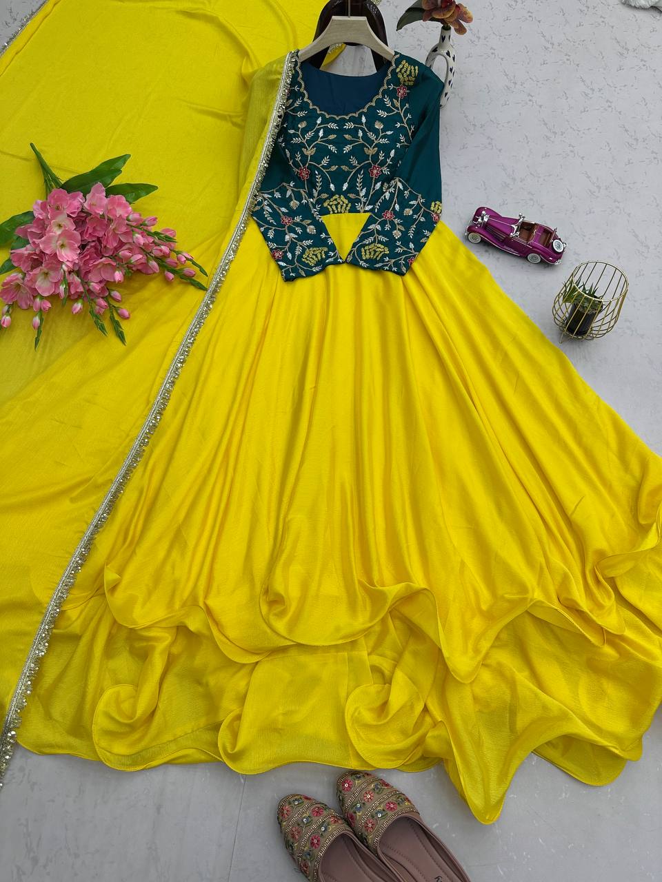 Occasion Wear Embroidery Work Yellow Color Anarkali Gown