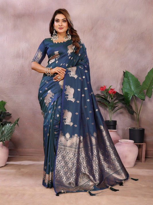 Festive Wear Navy Blue Color Banarasi Silk Saree