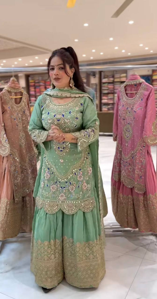 Fabulous Heavy Work Teal Green Color Sharara Suit