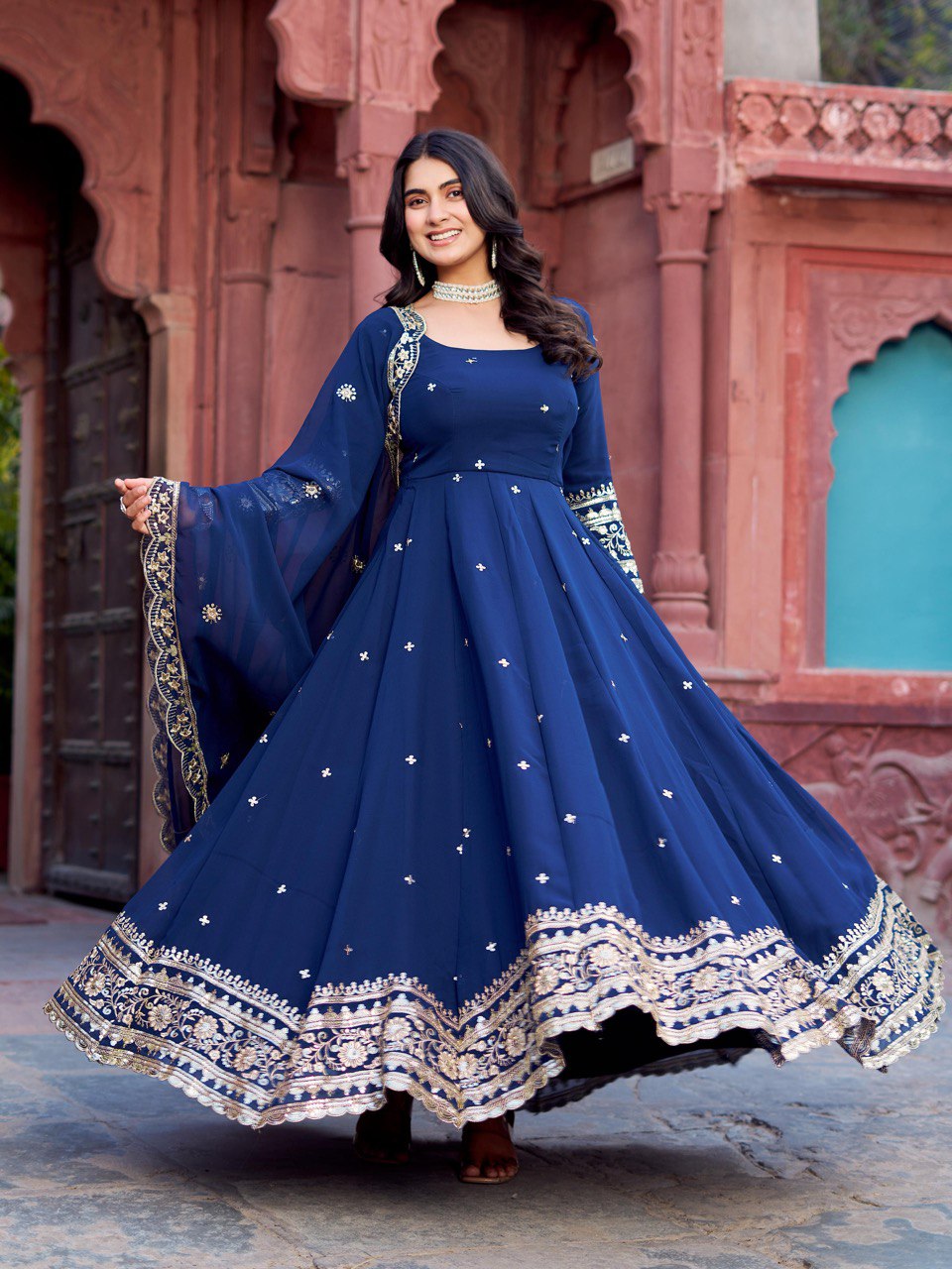 Outstanding Navy Blue Color Georgette Gown With Dupatta