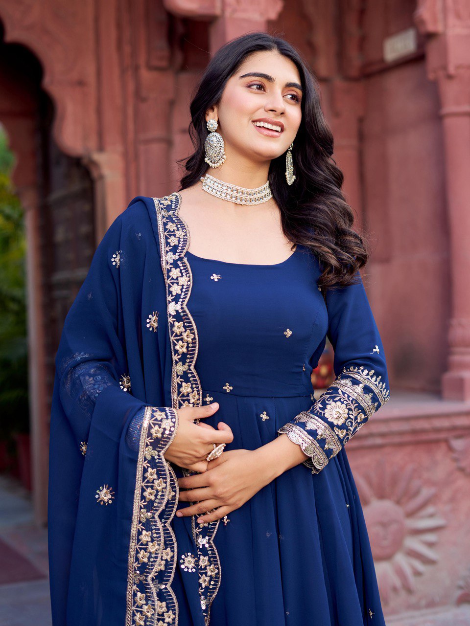 Outstanding Navy Blue Color Georgette Gown With Dupatta