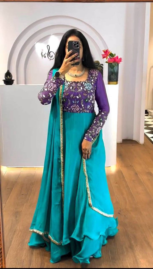 Sky Blue Color Thread Work Double Layer Gown