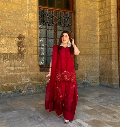 Charming Embroidery Work Red Color Palazzo Suit