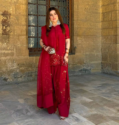 Charming Embroidery Work Red Color Palazzo Suit