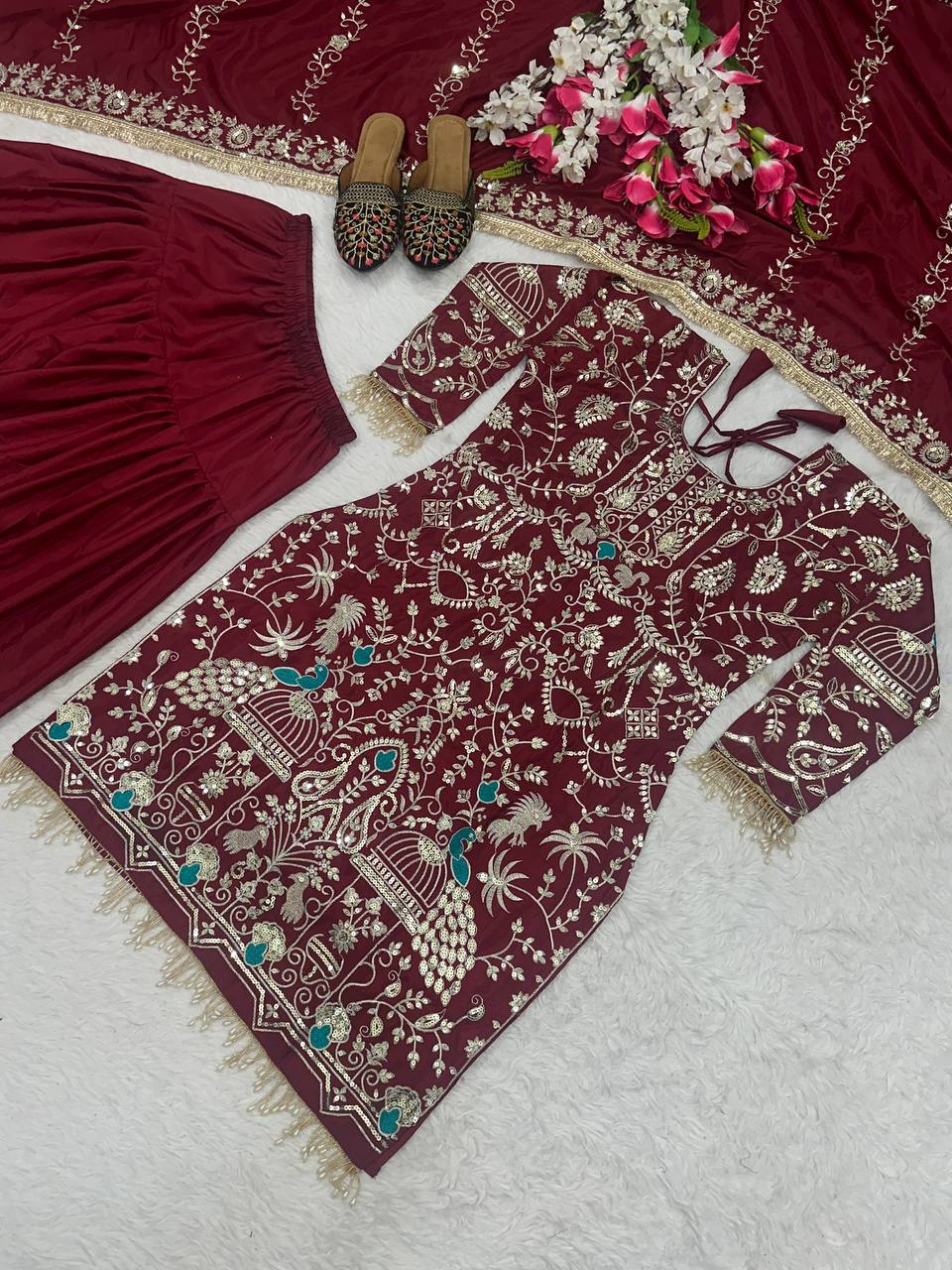 Maroon Color Sequence Work Punjabi Style Dhoti Salwar With Dupatta