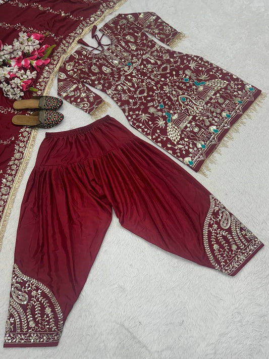 Maroon Color Sequence Work Punjabi Style Dhoti Salwar With Dupatta