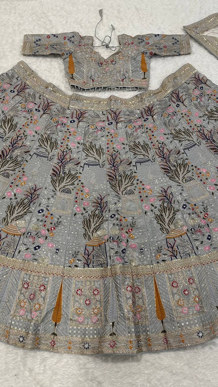Grey Color Marriage Special Kasturi Silk Lehenga Choli